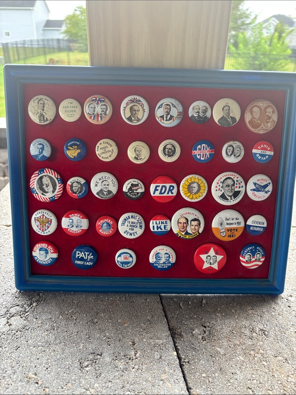Framed Vintage Button Pin Display - Blue Frame with Red Backing